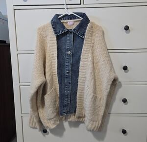 Pink Lily Cream Knit Cardigan with Dark Denim Shirt Collar